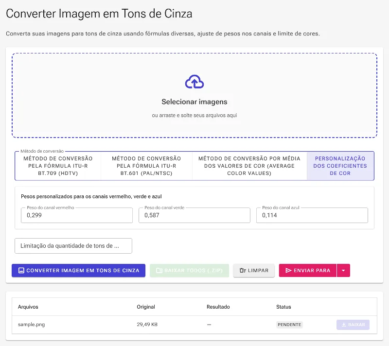 Selecione um método de conversão para tons de cinza