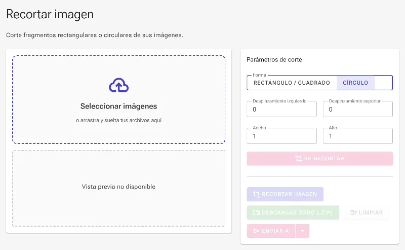 Selecciona la forma de recorte: Rectángulo o Círculo