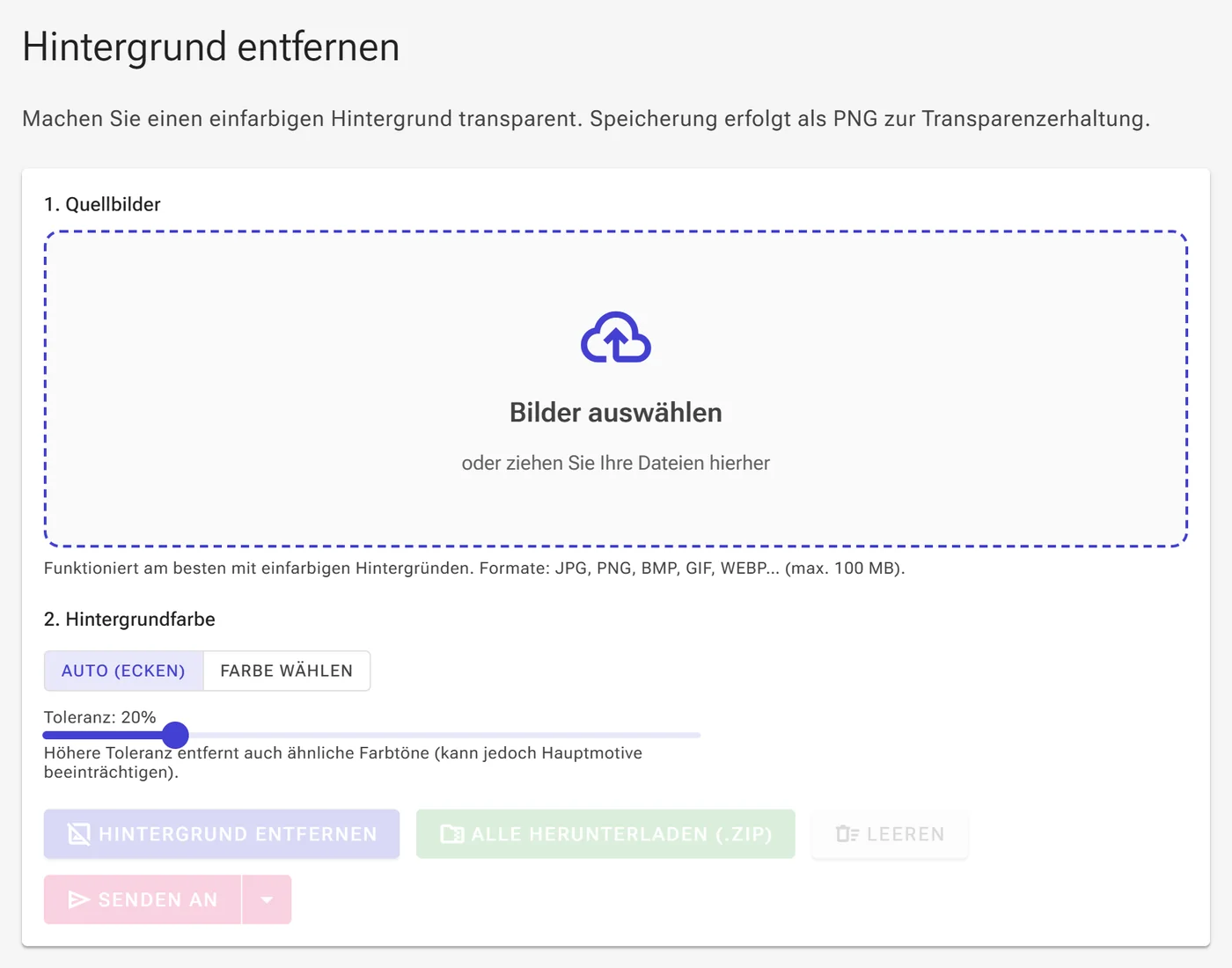 Ablagebereich des Hintergrund-Entferners mit der Schaltfläche Bilder auswählen