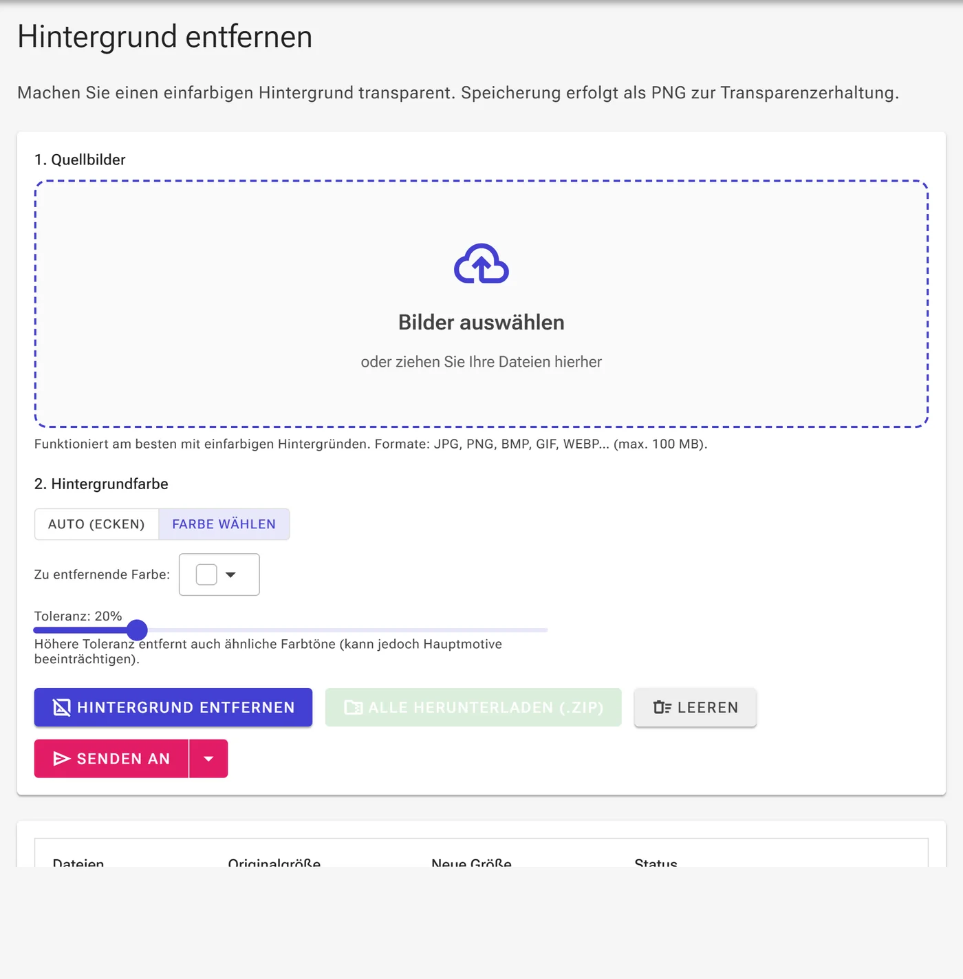 Modus Farbe wählen mit einer Farbauswahl für den zu entfernenden Hintergrund