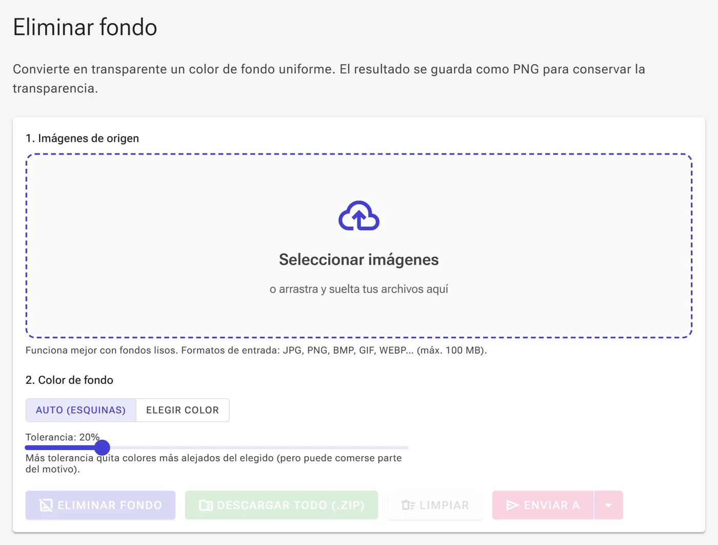 Zona de carga del eliminador de fondos con el botón Seleccionar imágenes