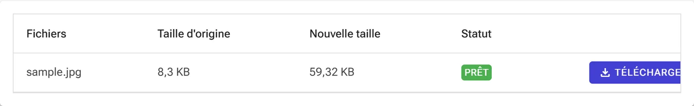 Ligne de résultat affichant la nouvelle taille du fichier, le statut Prêt et le bouton Télécharger