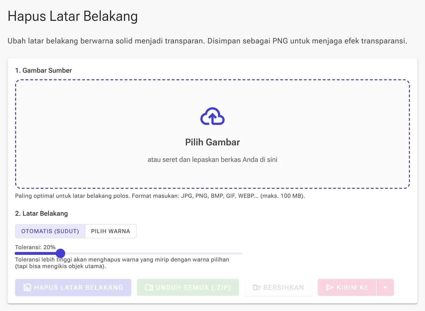 Area unggah penghapus latar belakang dengan tombol Pilih Gambar