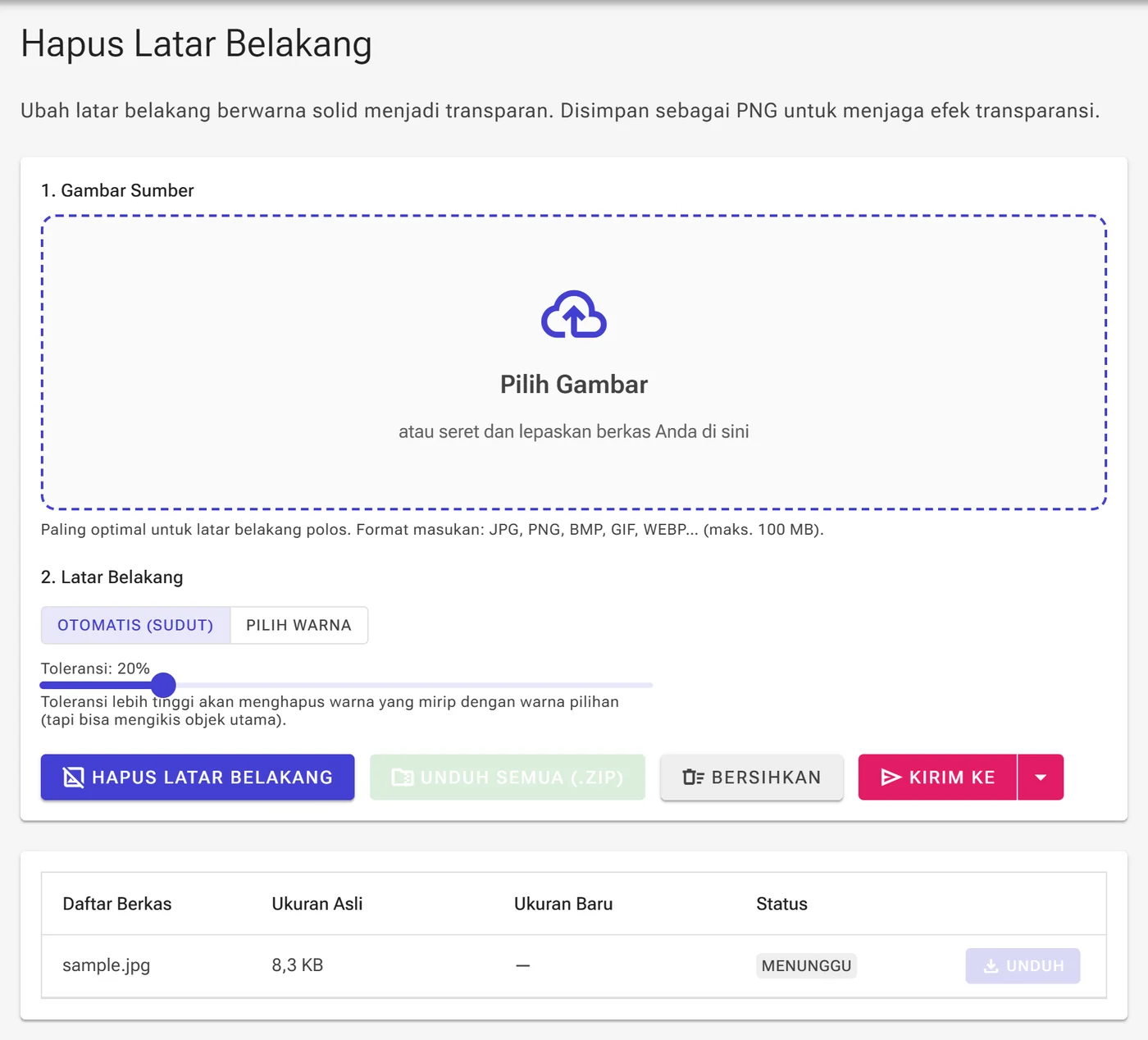 Gambar yang diunggah dengan mode Otomatis (sudut) dan penggeser toleransi