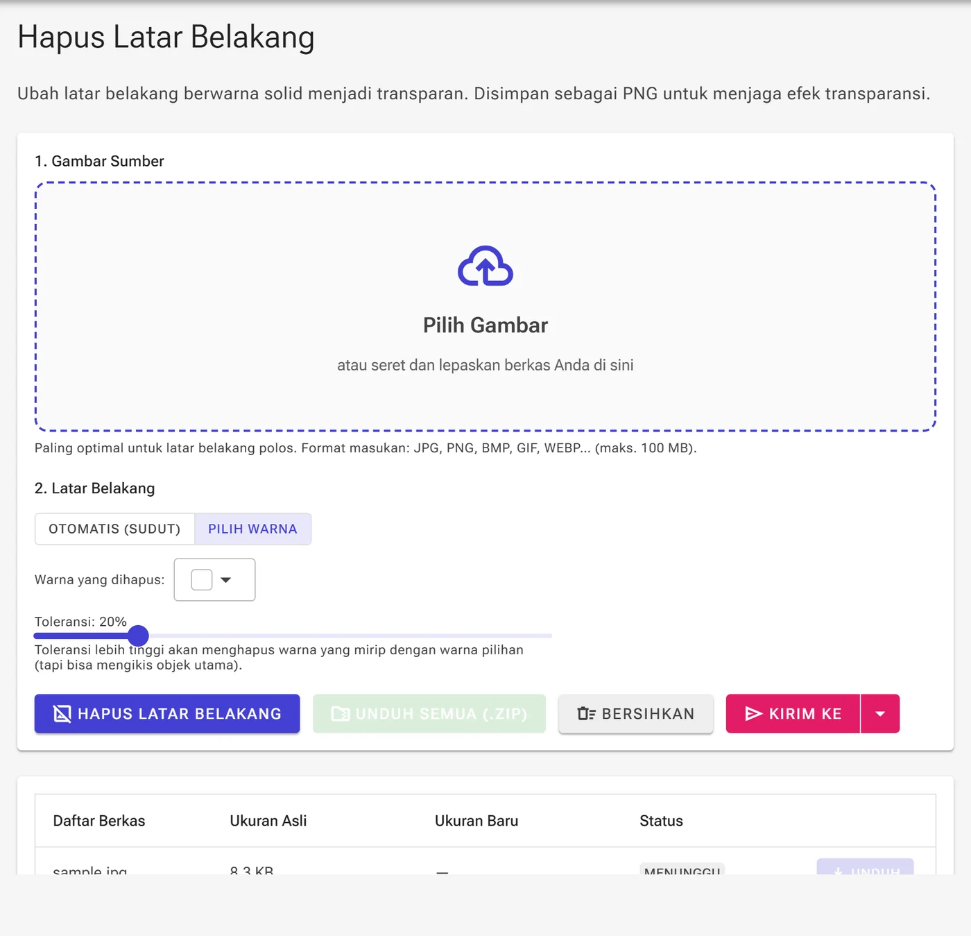 Mode Pilih warna dengan pemilih warna untuk latar belakang yang akan dihapus
