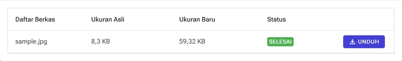 Baris hasil menunjukkan ukuran file baru, status Selesai, dan tombol Unduh
