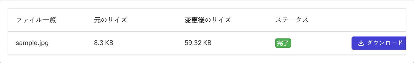 新しいファイルサイズ、完了ステータス、ダウンロードボタンが表示された結果行