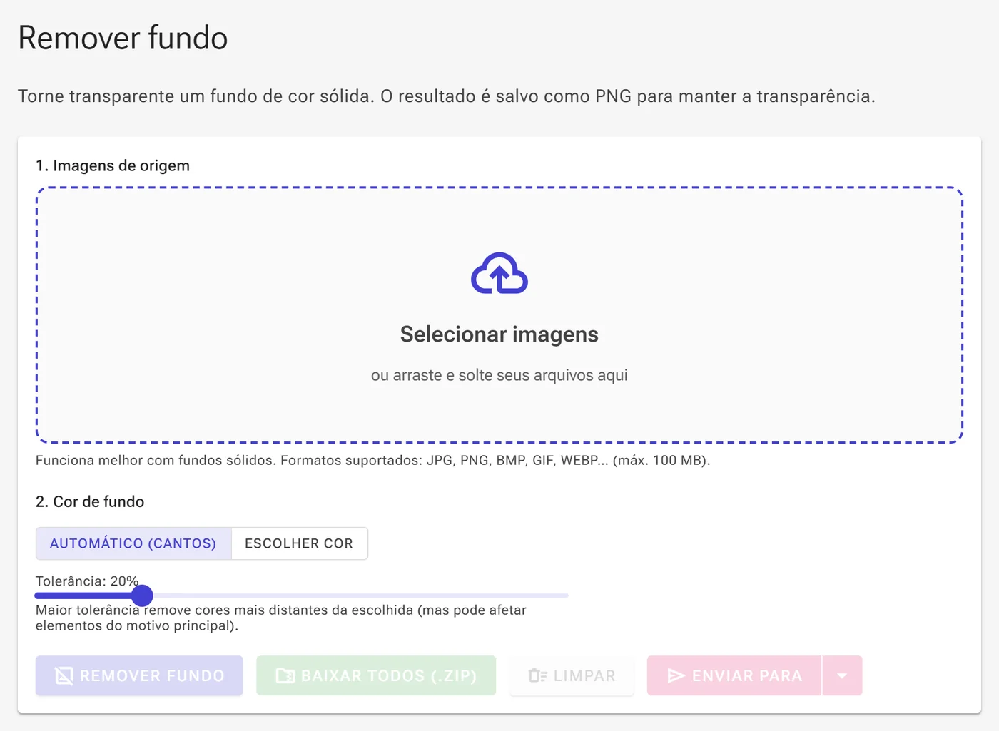 Área de envio do removedor de fundo com o botão Selecionar imagens