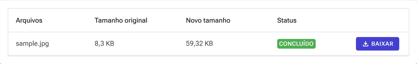 Linha de resultado mostrando o novo tamanho do arquivo, o status Concluído e o botão Baixar